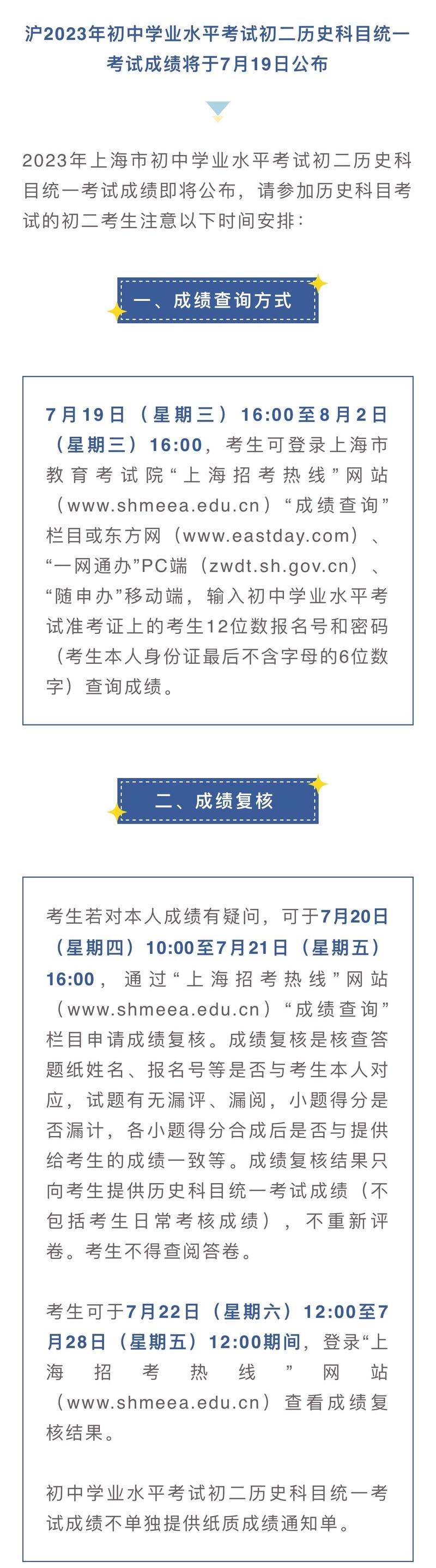 2023年上海市初中學業水平考試成績查詢時間_上海中考成績什么時候出來2023_八年級歷史科目成績查詢日期